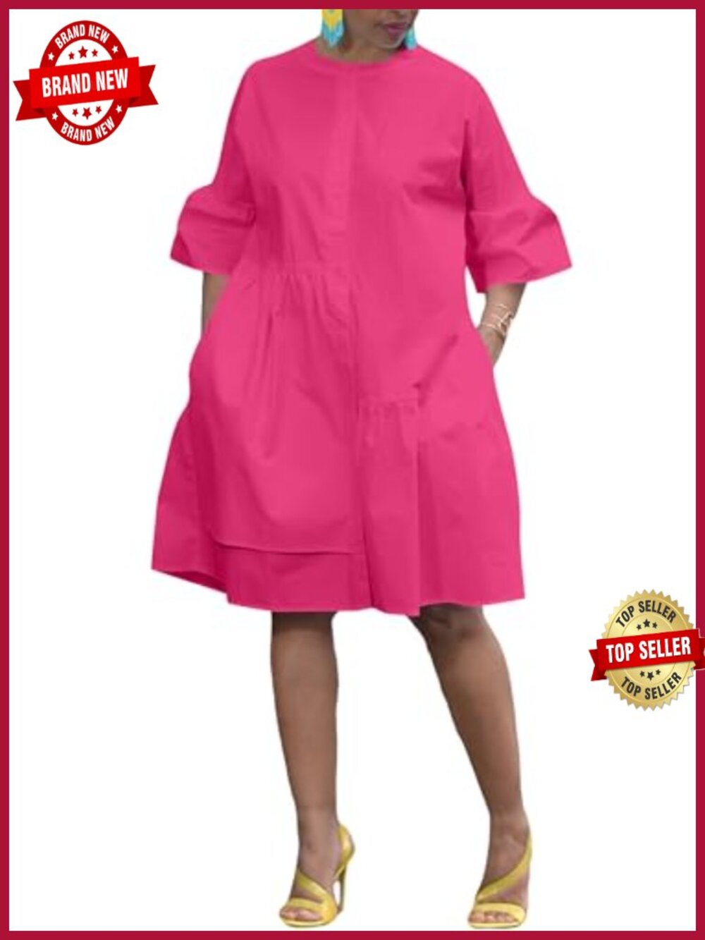 Bell Sleeve Button Down Midi Shirt Dress A-Line Loose Fit